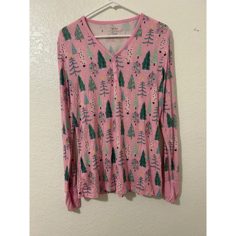 Little Sleepies Pink Christmas Tree Bamboo Henley Pajama‎ Top Small Oversized